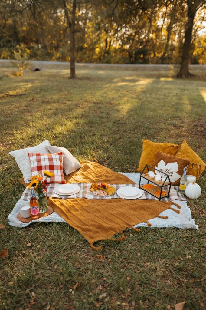 Cozy autumn picnic setup with orange blanket, plaid pillows, and white dishes arranged on grass at golden hour.