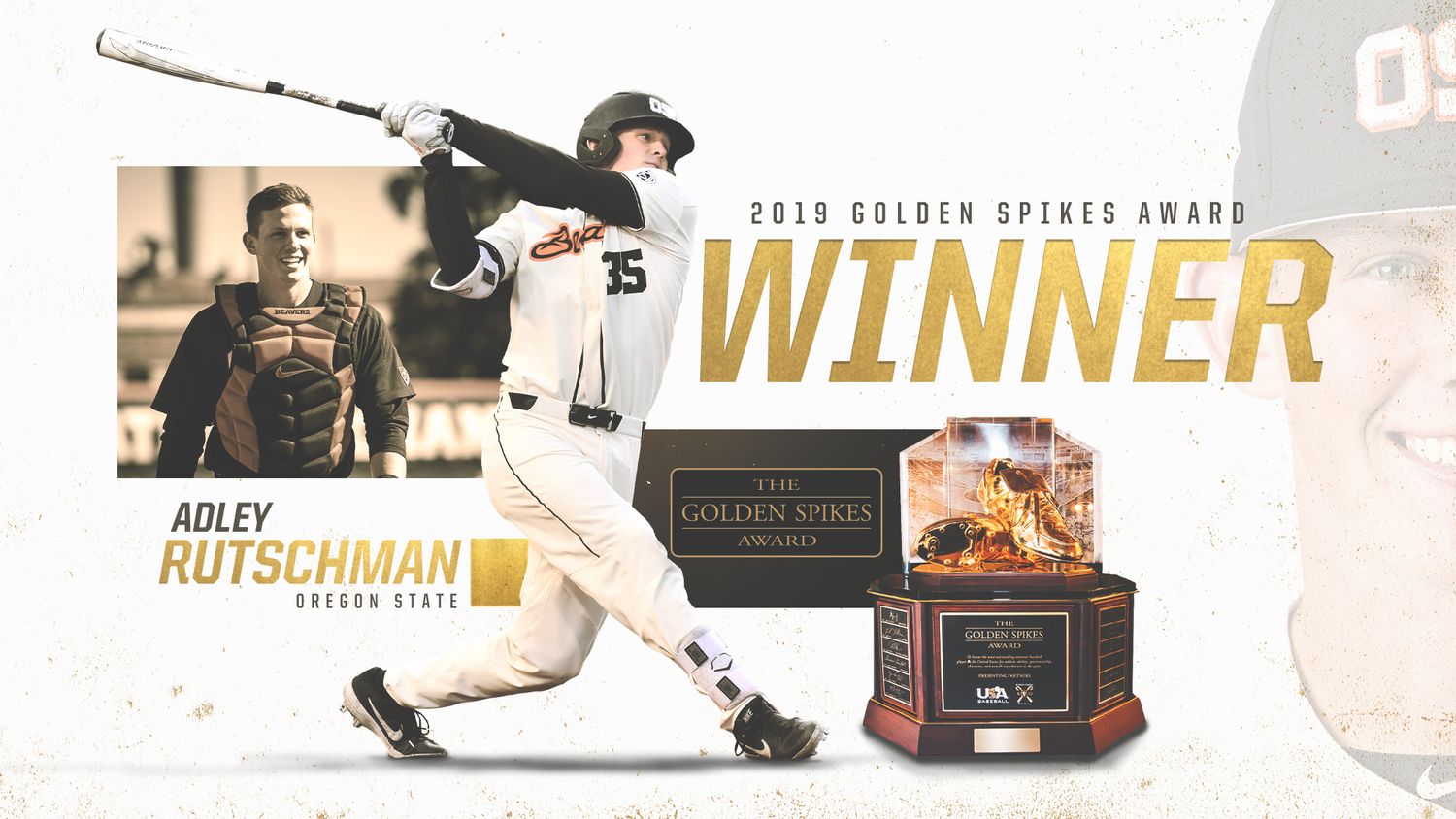 Adley Rutschman Oregon State 2019 Golden Spikes Award winner announcement banner with trophy graphic.