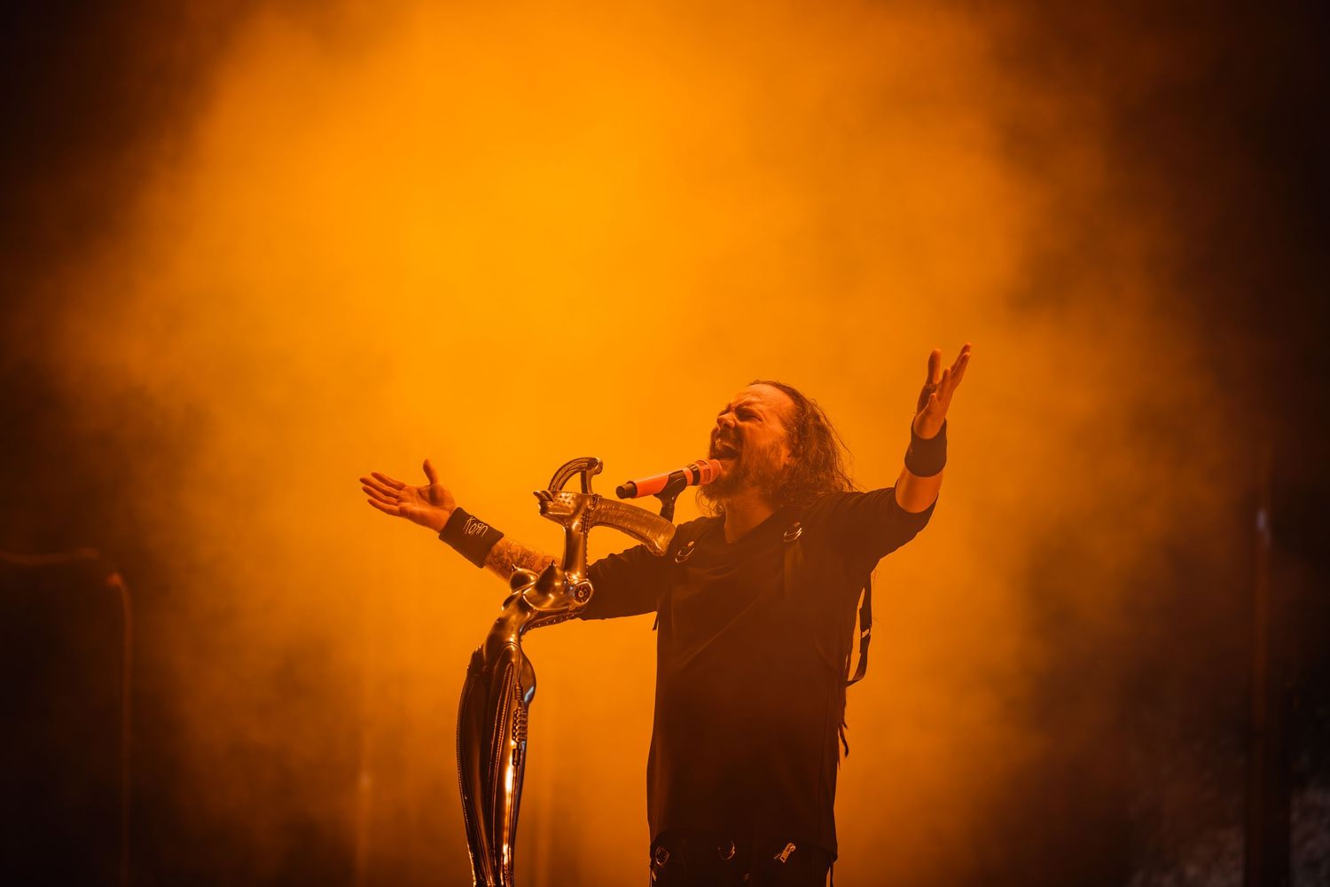 Silhouetted performer on stage raises arms triumphantly against dramatic orange lighting and fog effects.