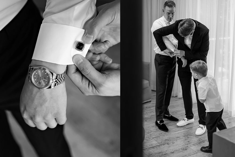 Groom helping the ring bearer get ready for the ceremony in Playa del Carmen.