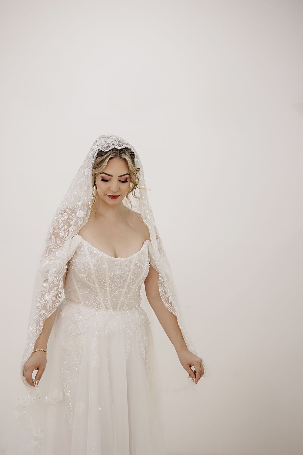Bridal portrait with veil during getting ready at The Fives Beach Hotel.
