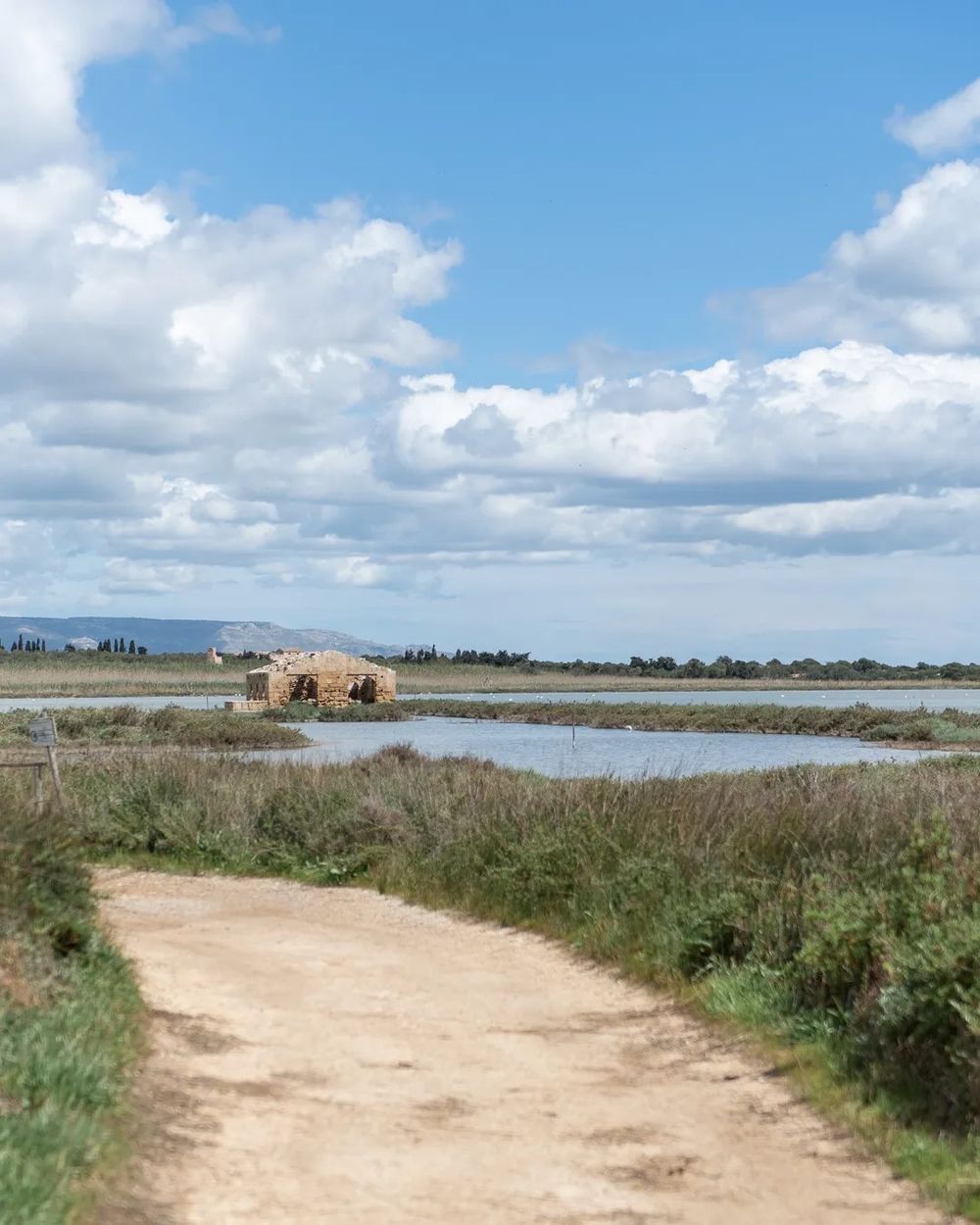 A sandy path surrounded by grass leading toward calm wetlands under a cloudy blue sky.