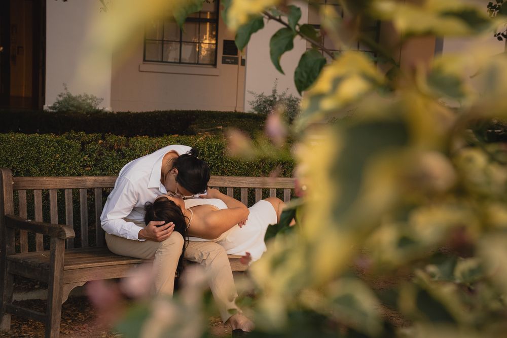 Romantic moment sitting on the steps of Pasadena City Hall with soft natural light.