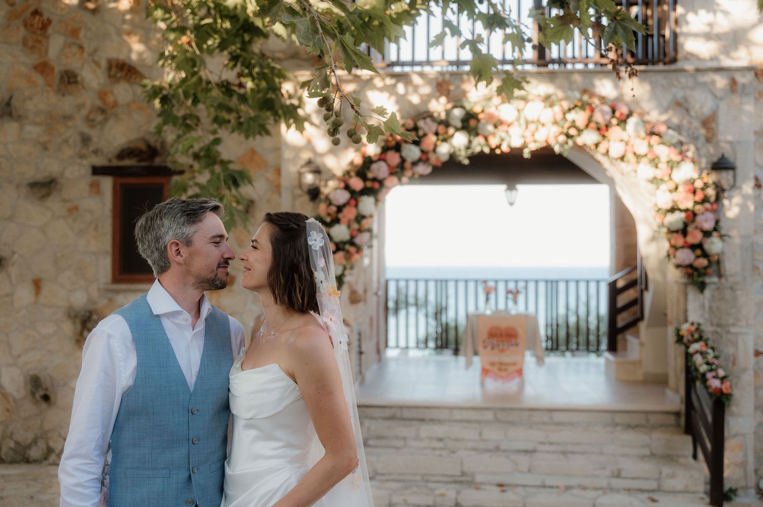 An artistic portrait of a bride and groom after their wedding ceremony at a private villa in Corfu Greece