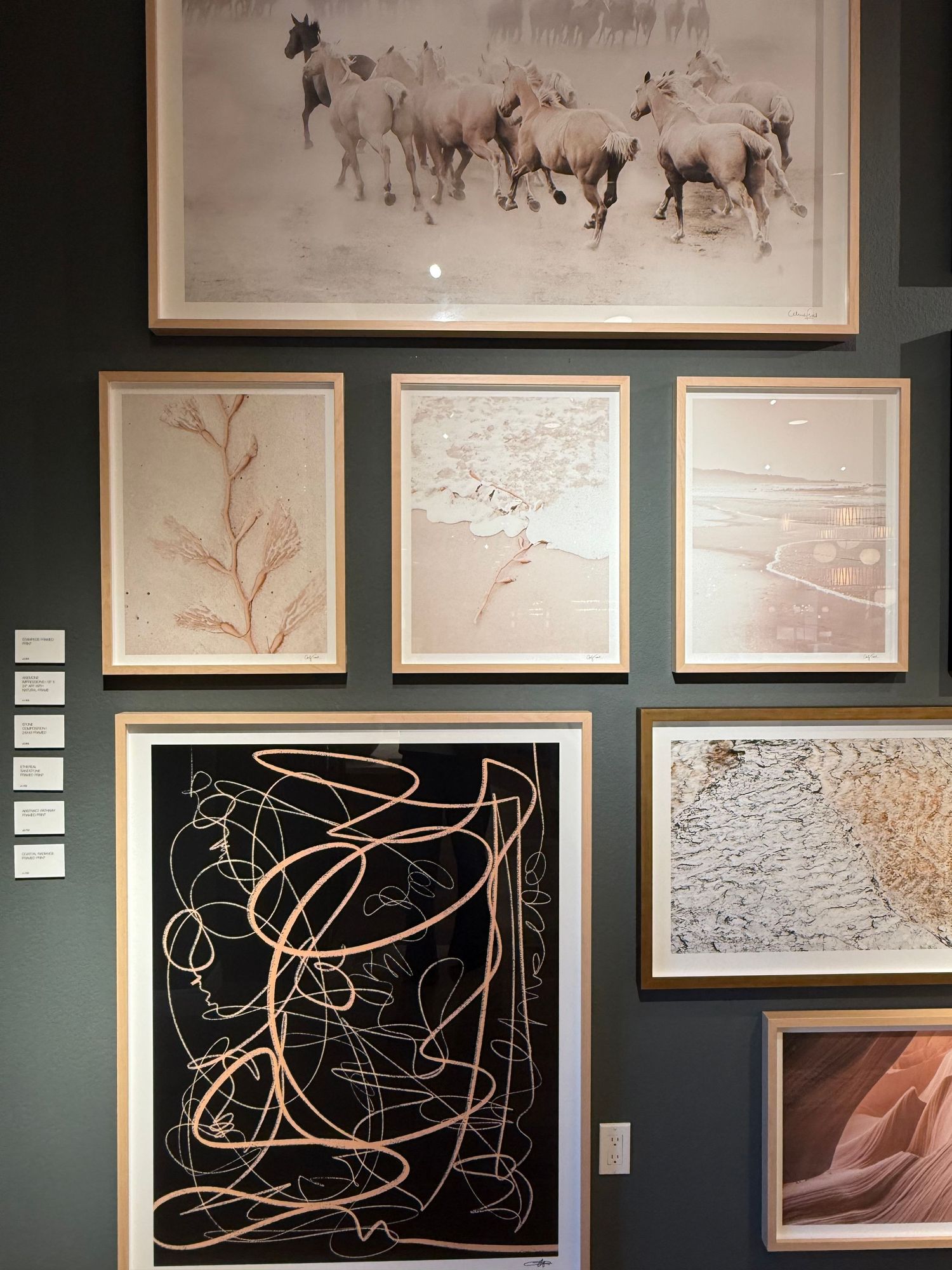 Gallery wall displaying multiple framed artworks with abstract line drawings and sketches against a dark green background.