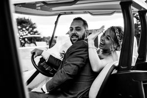 Series of candid black and white photos showing laughter and joy during a car ride.