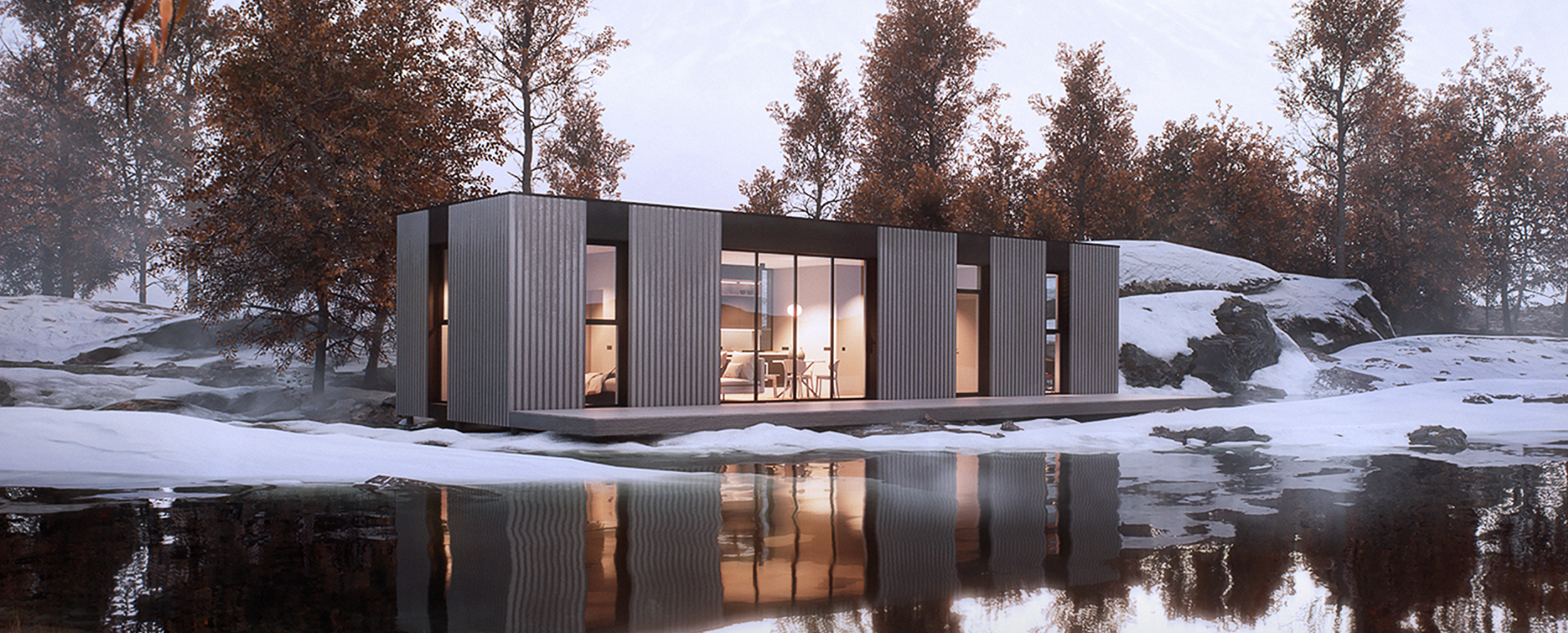Modern glass-walled cabin with warm lighting reflects on a snowy lake surface at dusk during winter.