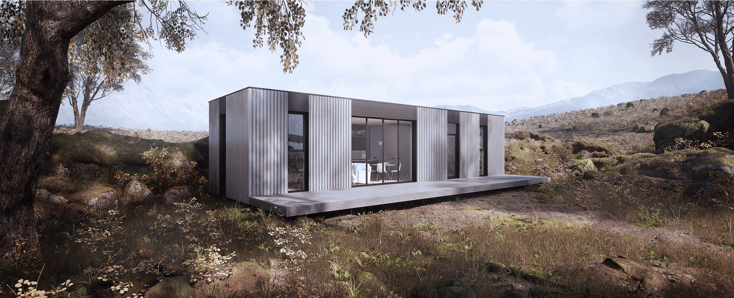 Modern minimalist prefab house with sleek design sits nestled in a natural hillside landscape under cloudy skies.