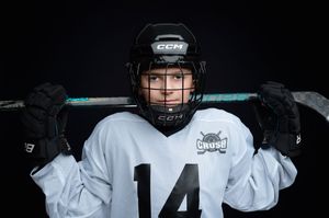 A composite set of six hockey player headshots wearing helmets and uniforms in white.