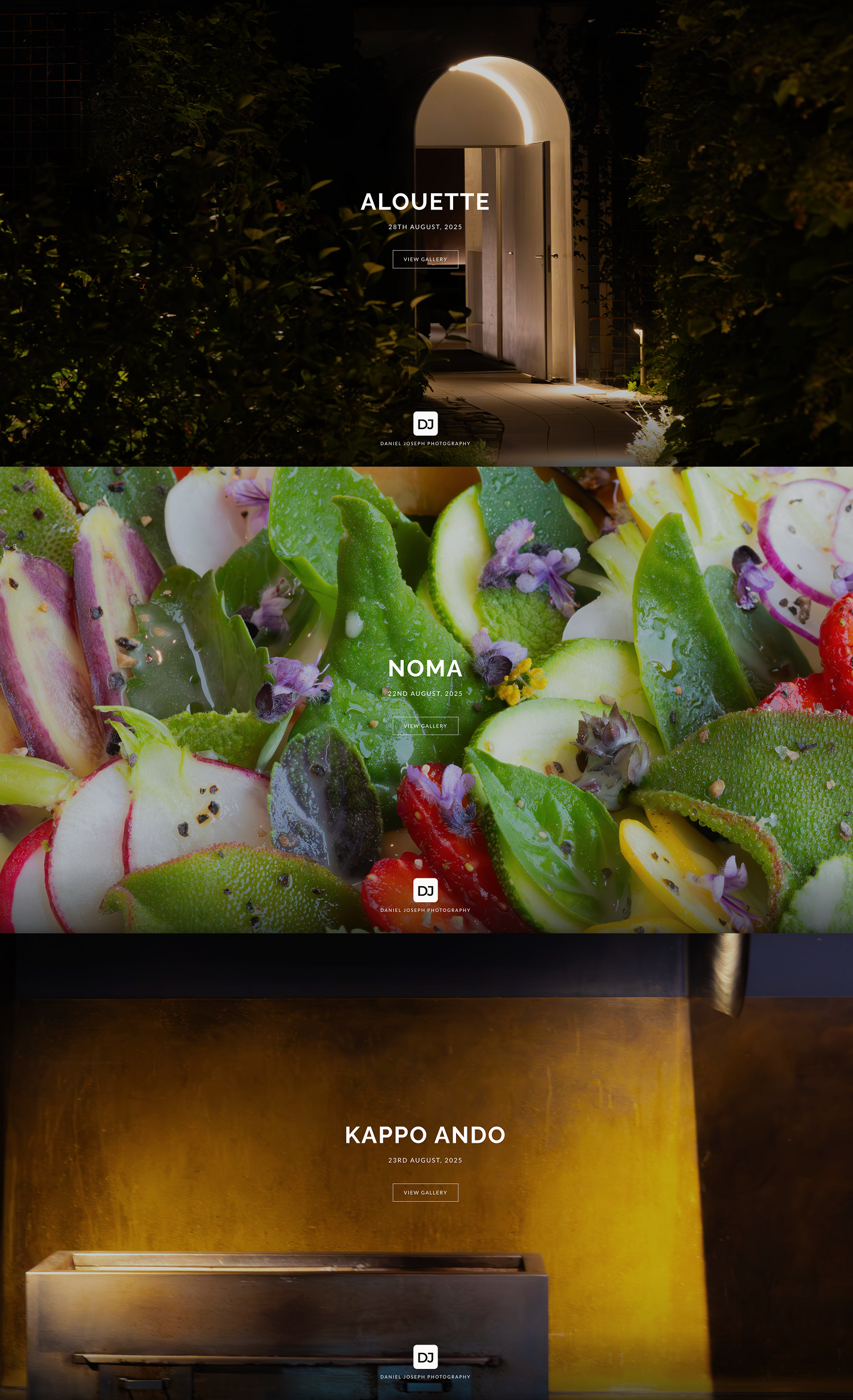 Three restaurant website previews showing Noma's fresh salad, Modu's bird logo, and Esmee's interior.