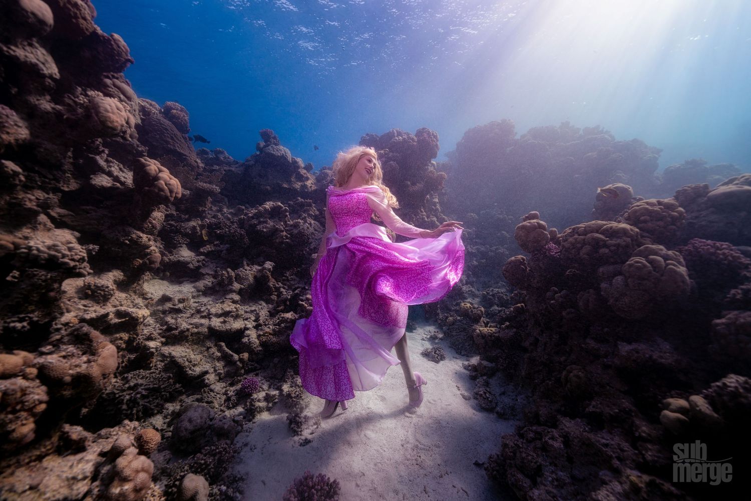 A figure in flowing purple dress poses underwater against rocky coral reefs in a series of artistic photographs.