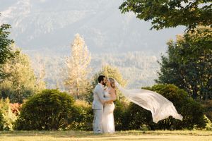 A scenic wedding photoshoot sequence with a flowing white veil catching the wind against a mountain landscape backdrop.