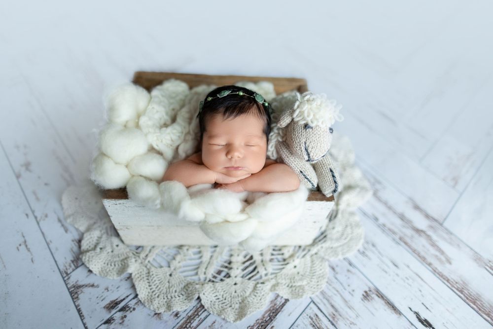 Professional newborn photography with baby sleeping on white rustic wooden backdrop.