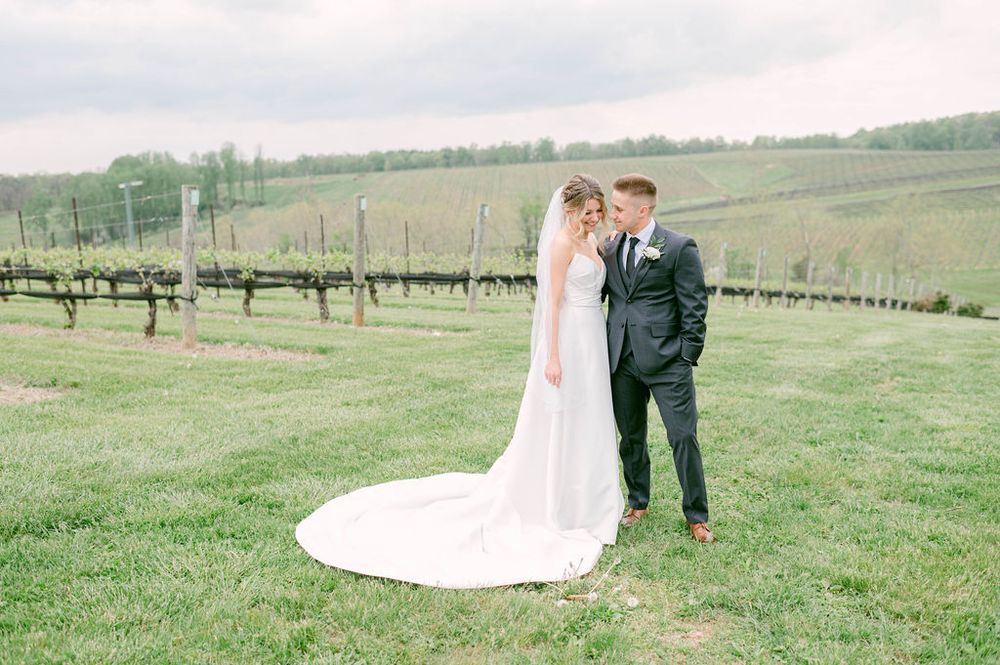 Wedding couple walks together through a scenic vineyard with rolling hills in the background.