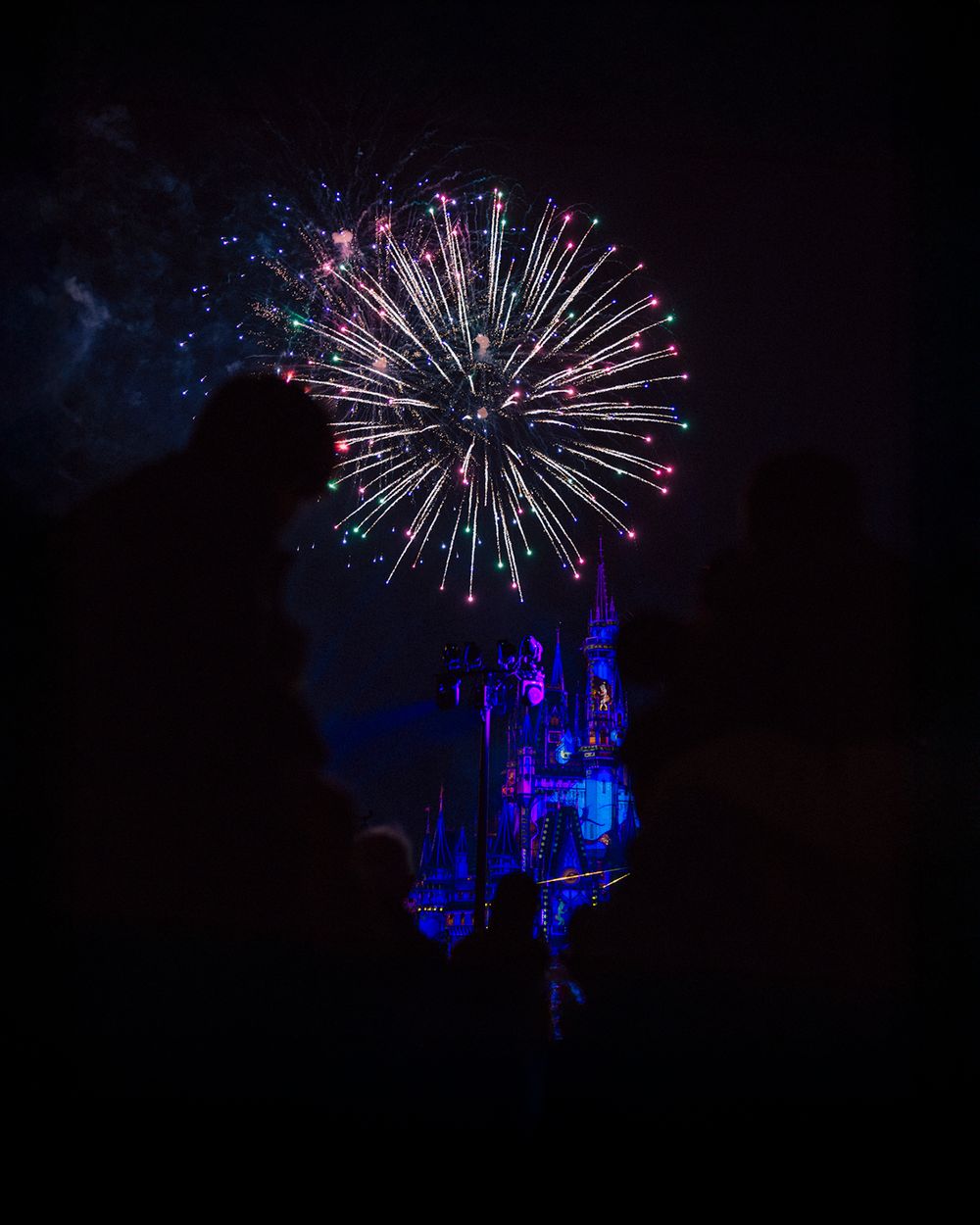 Colorful fireworks burst in the night sky above a castle illuminated in blue lights during a Disney theme park show.