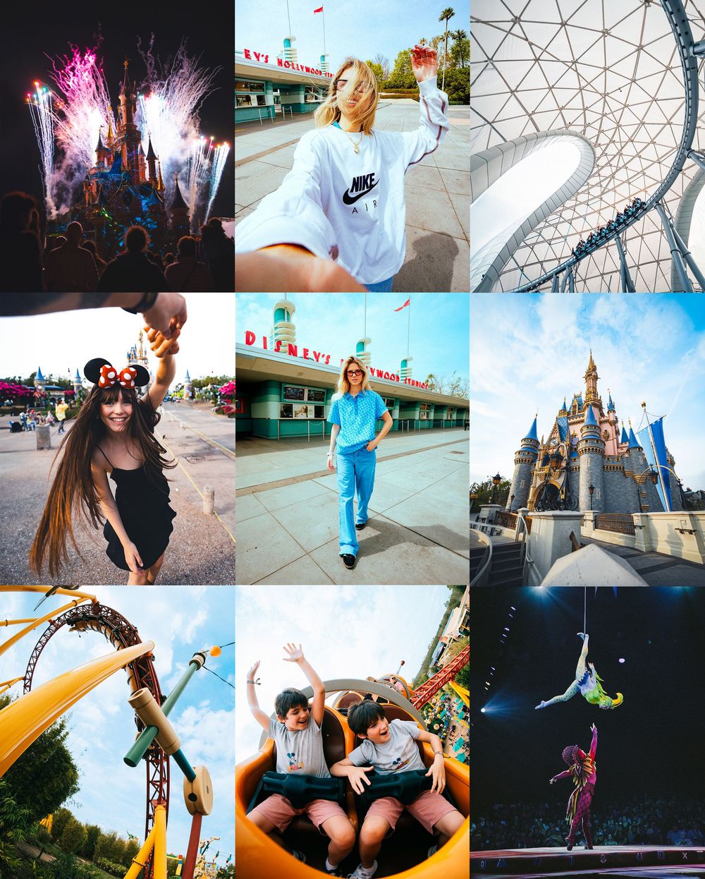 Collage of theme park photos featuring Cinderella Castle, fireworks, rides and various Disney attractions.