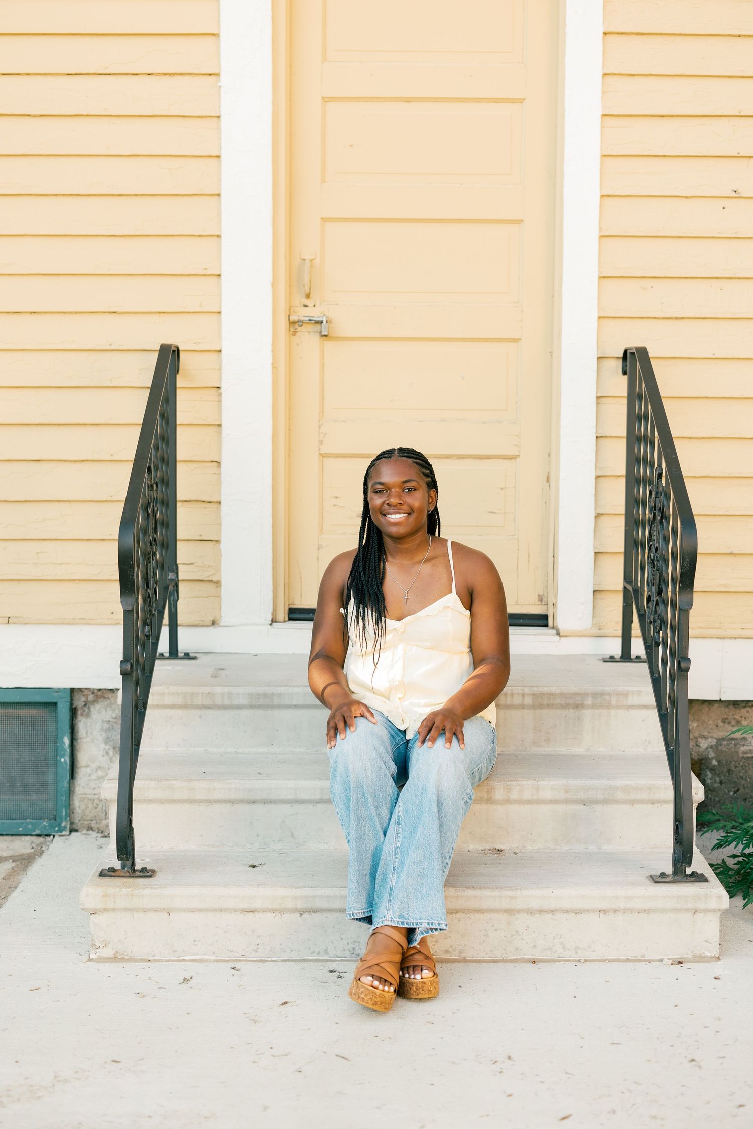 Series of casual outdoor photos on white porch steps with casual summer attire and joyful expressions.