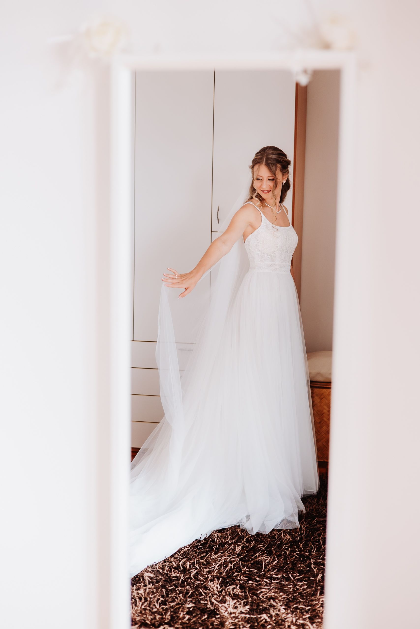 Three side-by-side photos showing tender wedding day preparation moments in a bright interior.
