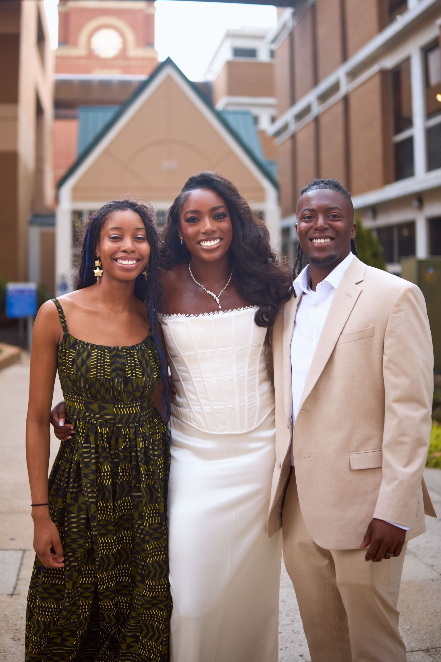 A group of wedding party members in white and beige attire smile together in a progressive series of photos.
