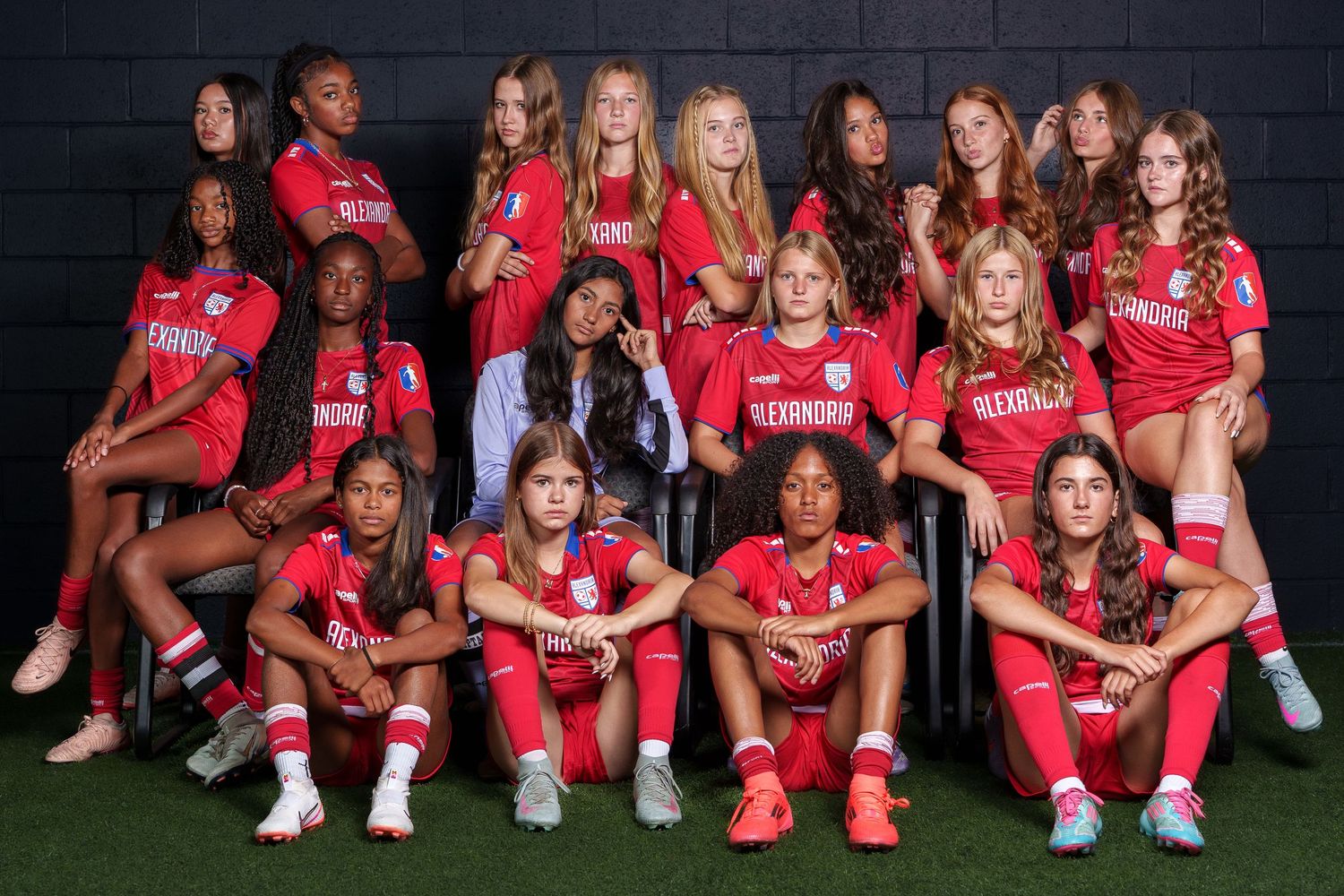 Athletes in red jerseys gather for team photos against dark background in multi-panel collage setup.