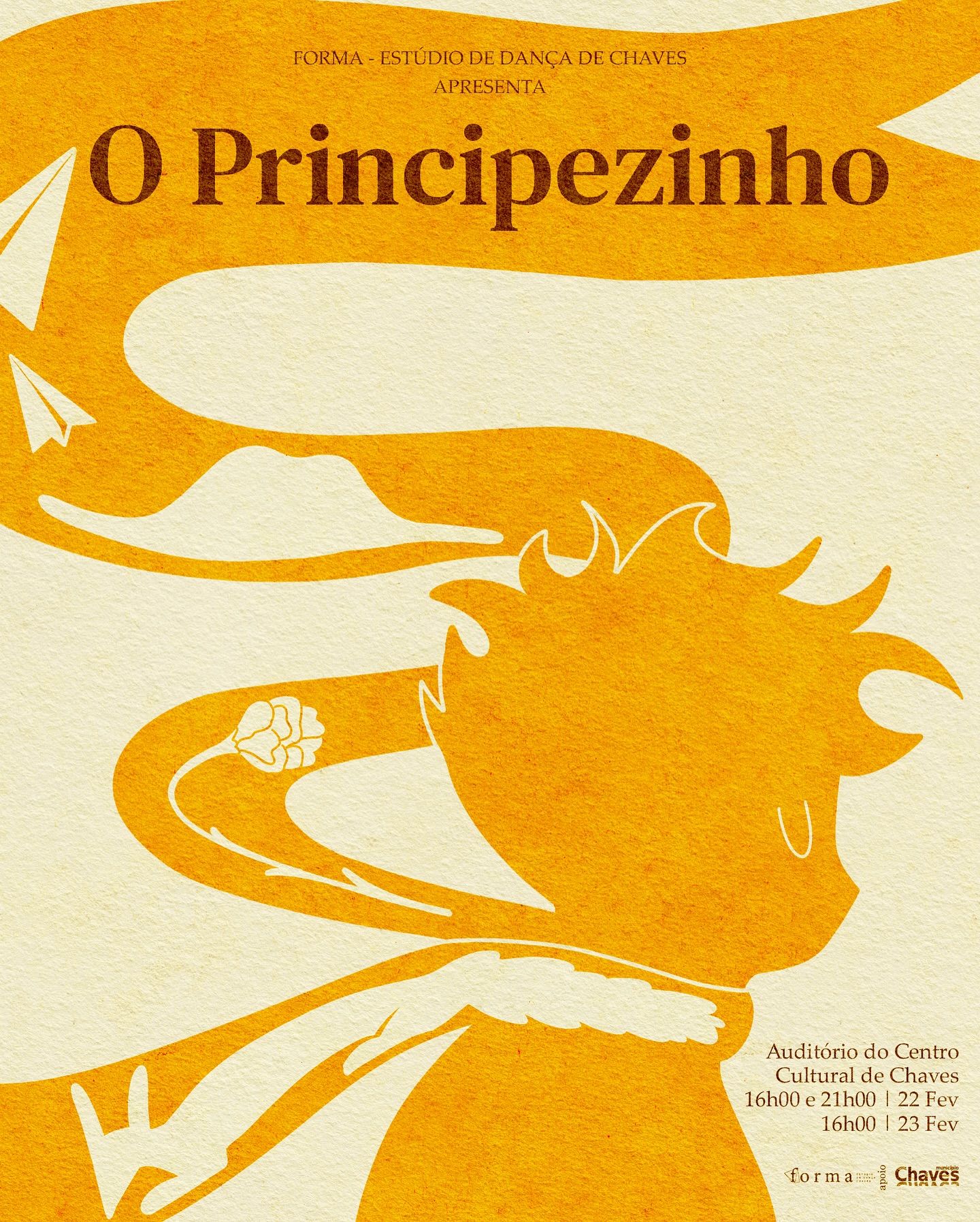 Orange and yellow banner design with silhouetted figures for 'O Principezinho' theatrical production.