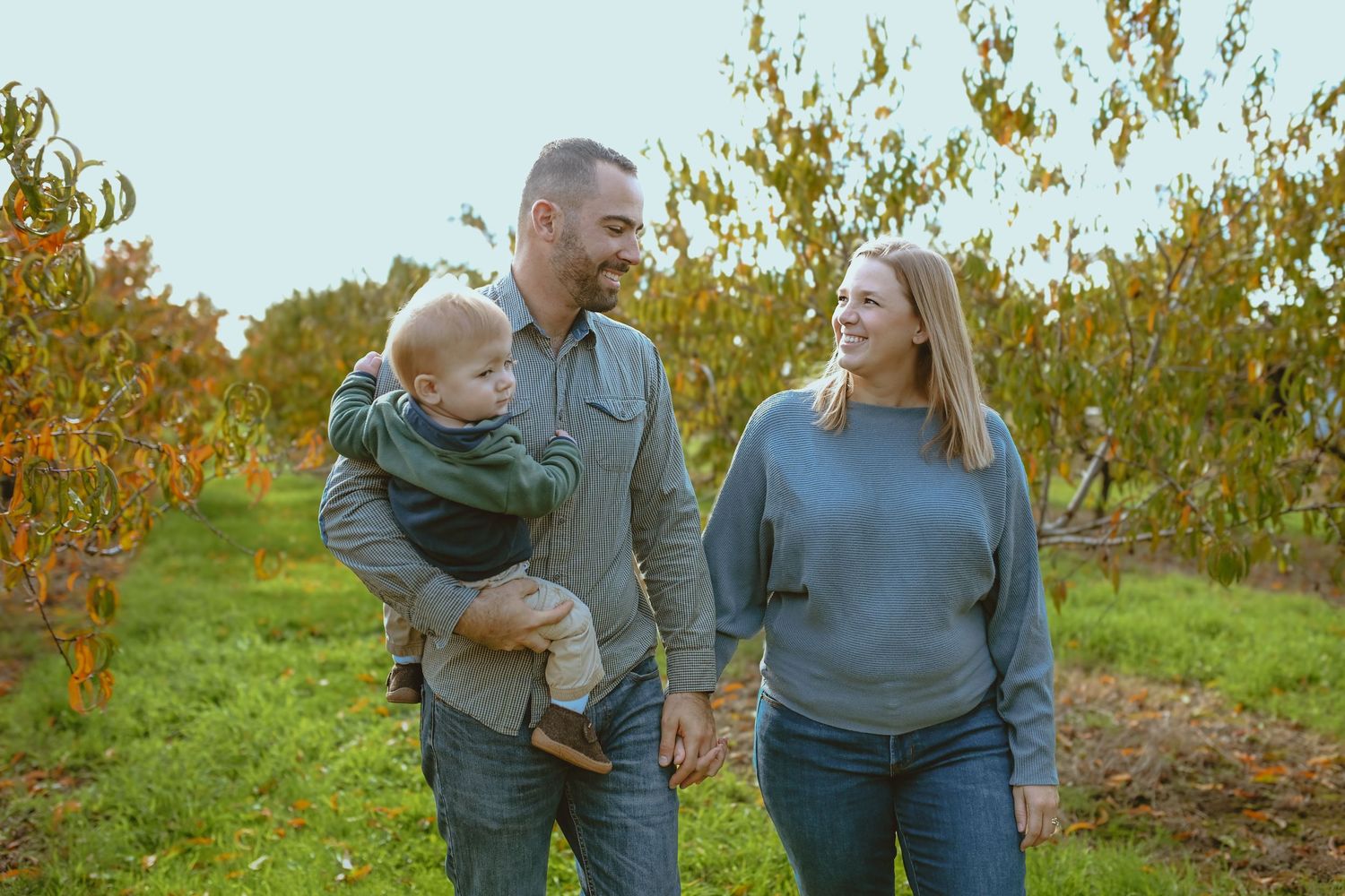 A couple and child enjoy a fall day together walking through an orchard with colorful autumn foliage.