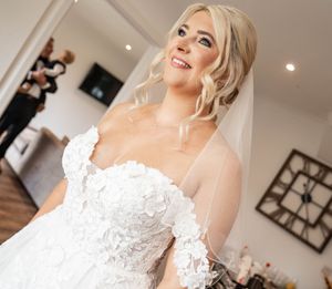 Close-up bridal portraits showing joyful expressions and details of an elegant lace wedding dress.