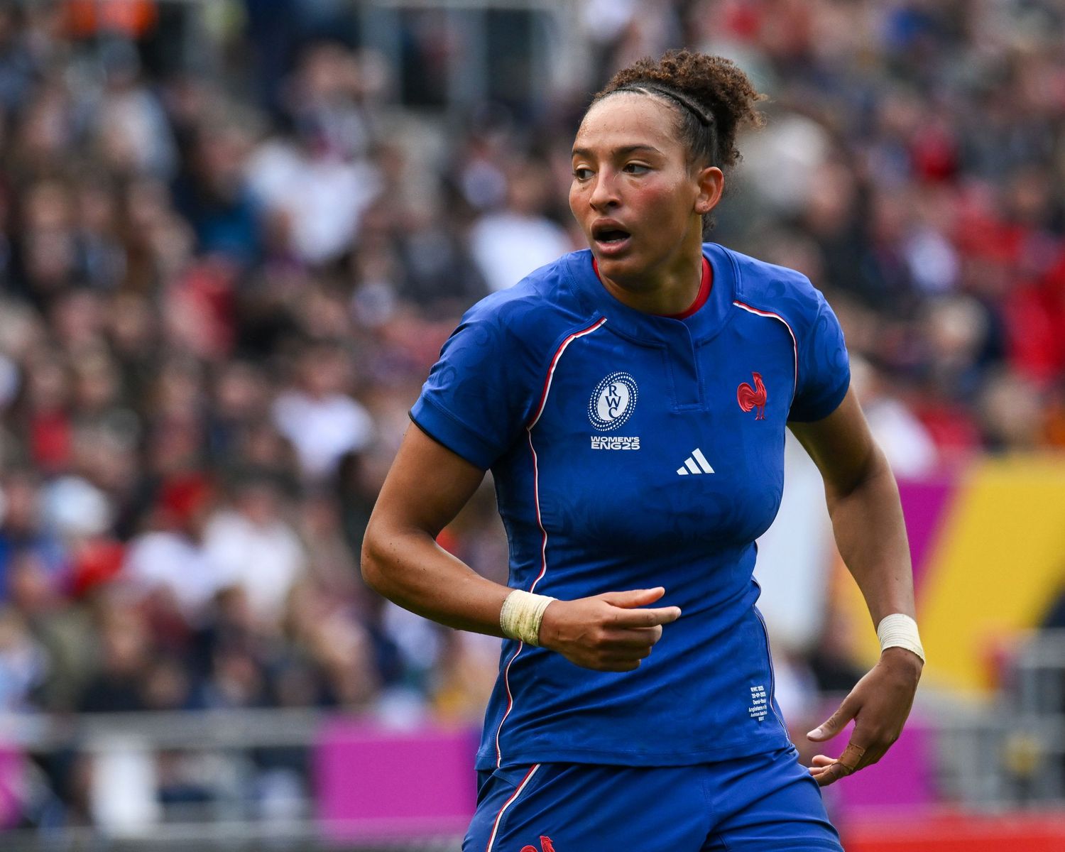 French rugby players in blue jerseys celebrate during an intense match.