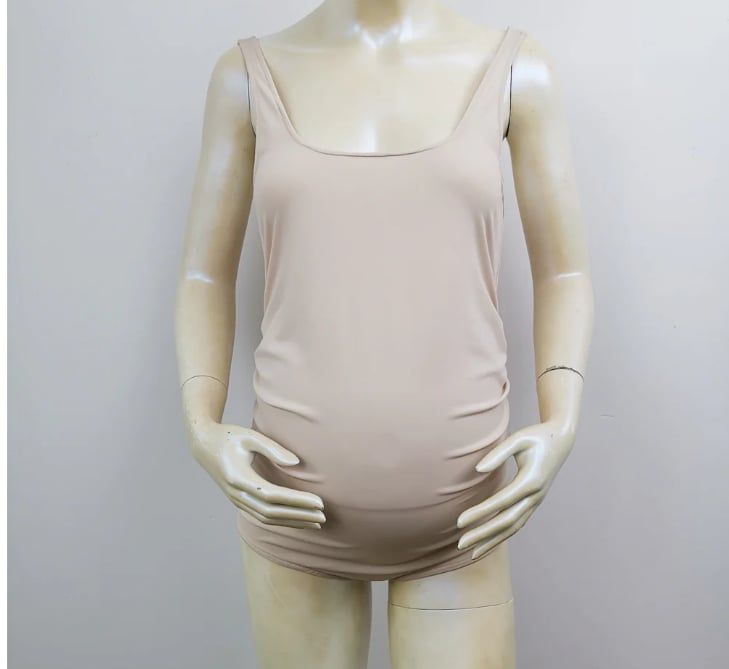 Clothing store mannequin torso displaying a beige tank top against a white background in multiple angles.