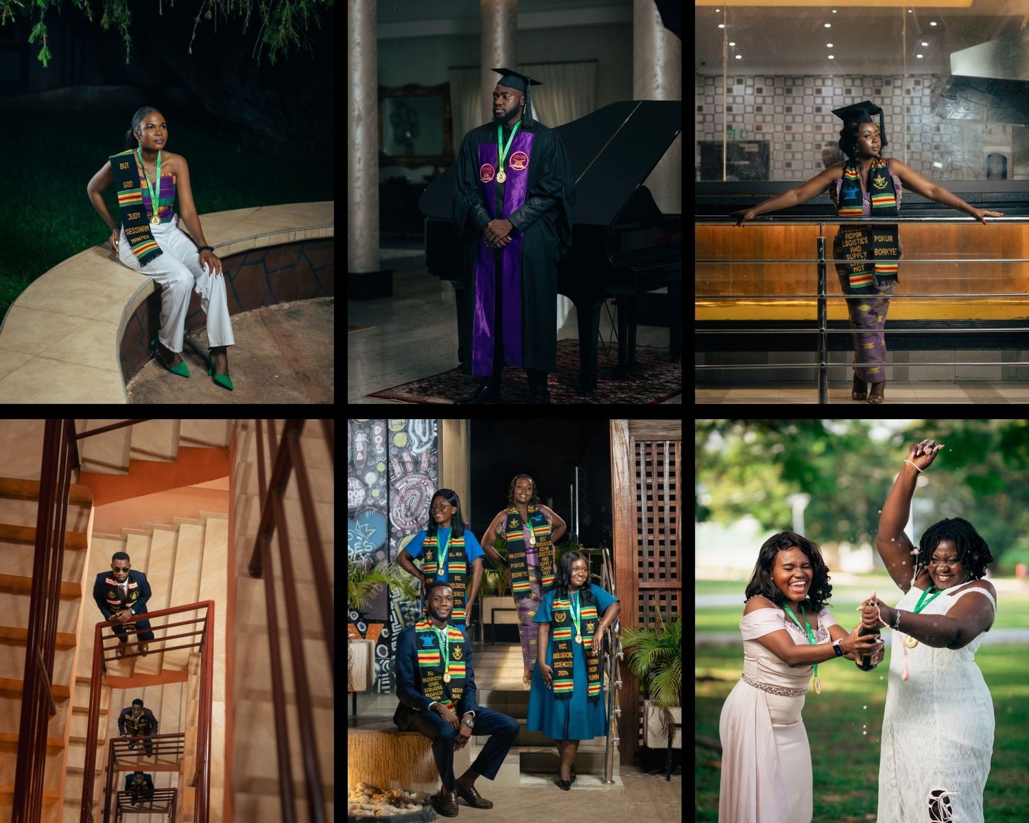 Compilation of graduation portraits showing various poses and celebratory moments.