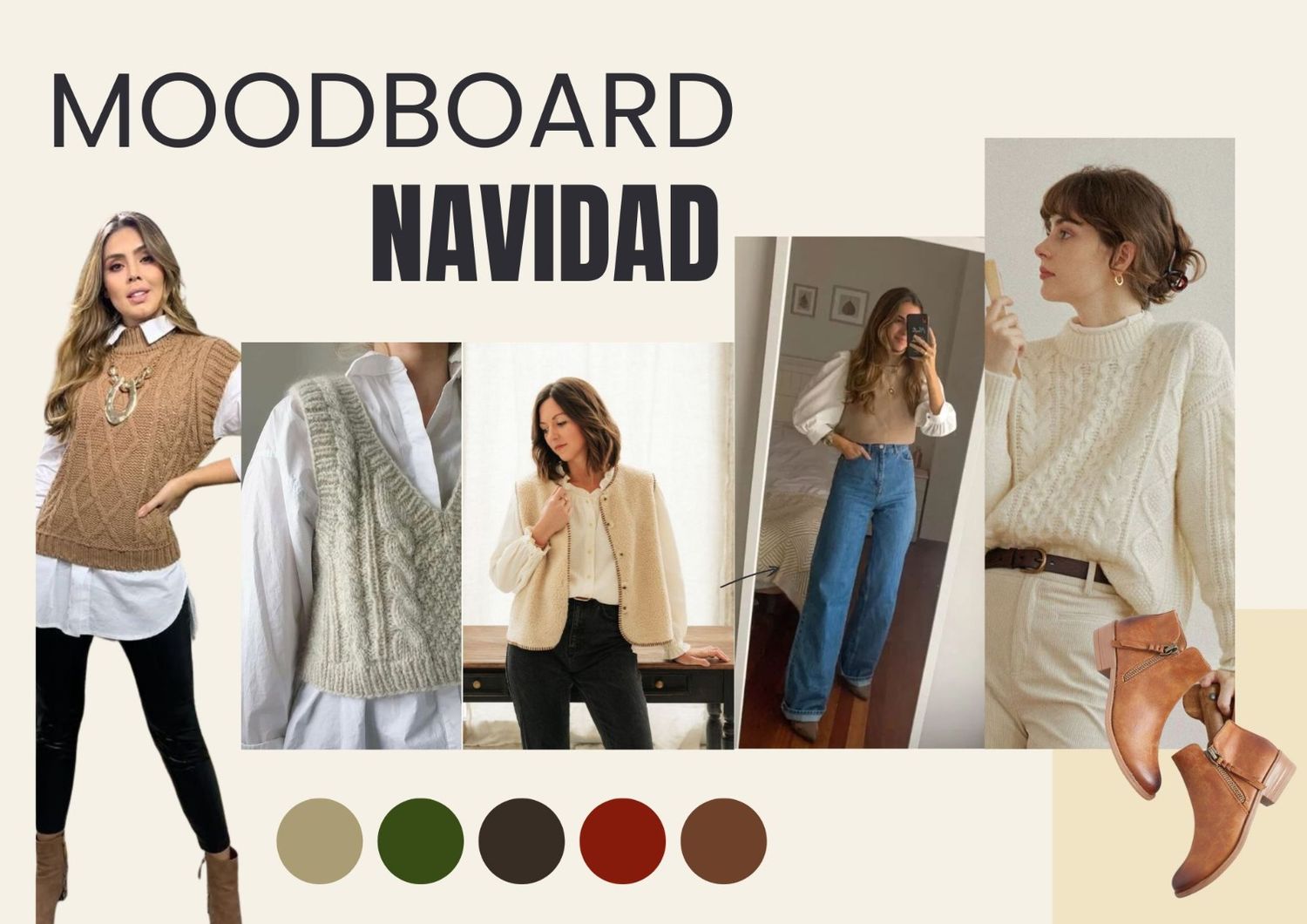 A minimalist mood board collection showing soft neutral tones with clothing, accessories and lifestyle images.