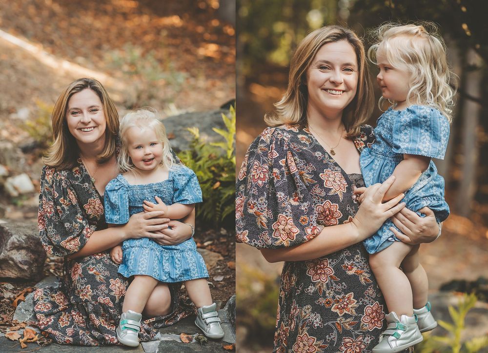 A heartwarming sequence of candid outdoor family moments captured in a wooded setting during autumn.