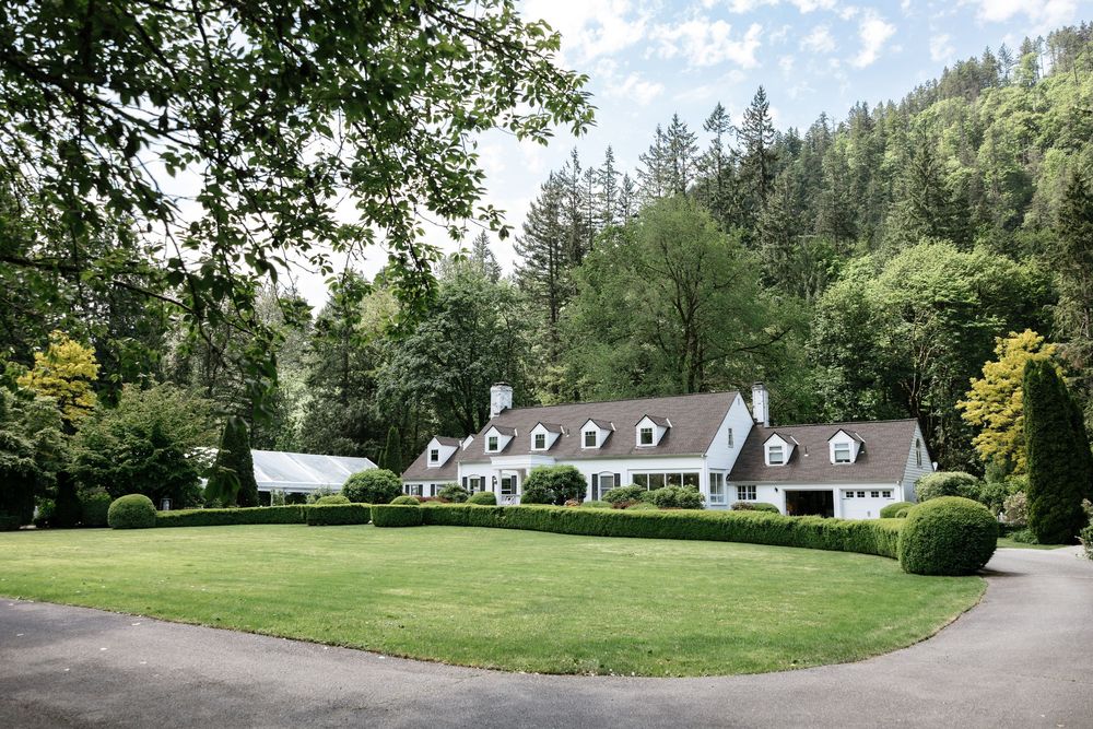 Aerial view of a long driveway leading to a white Cape Cod style house surrounded by lush green landscaping.