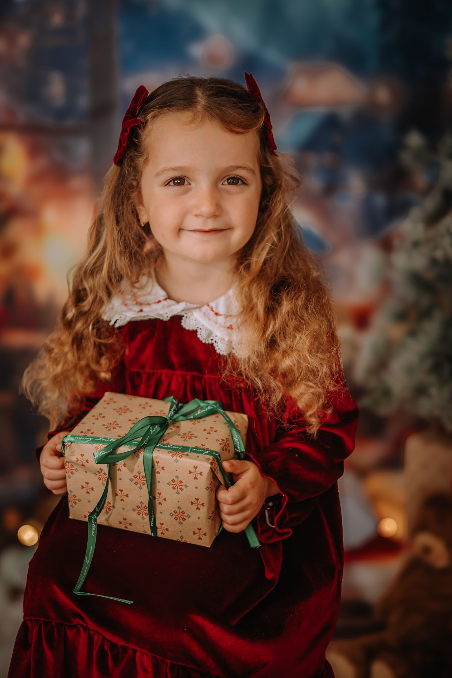 A young child in a red velvet dress holds a wrapped Christmas present with a green bow.