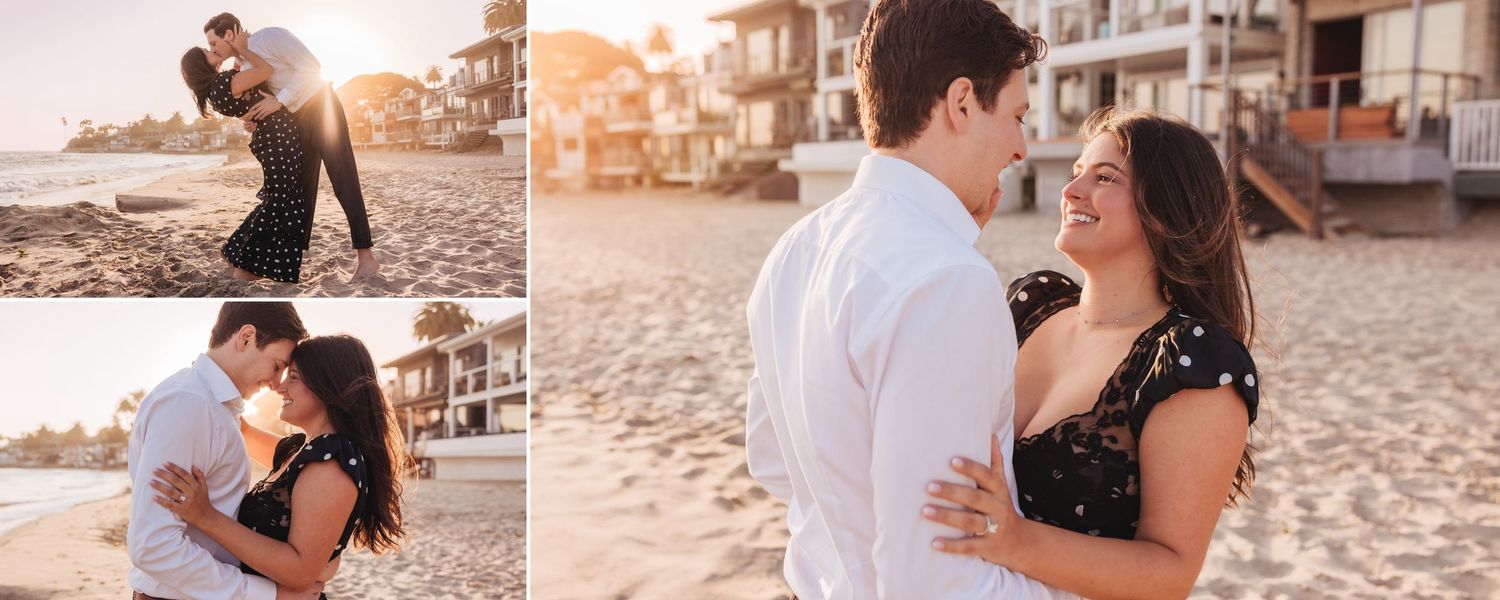 Series of beach engagement photos showing couple walking and embracing at sunset.