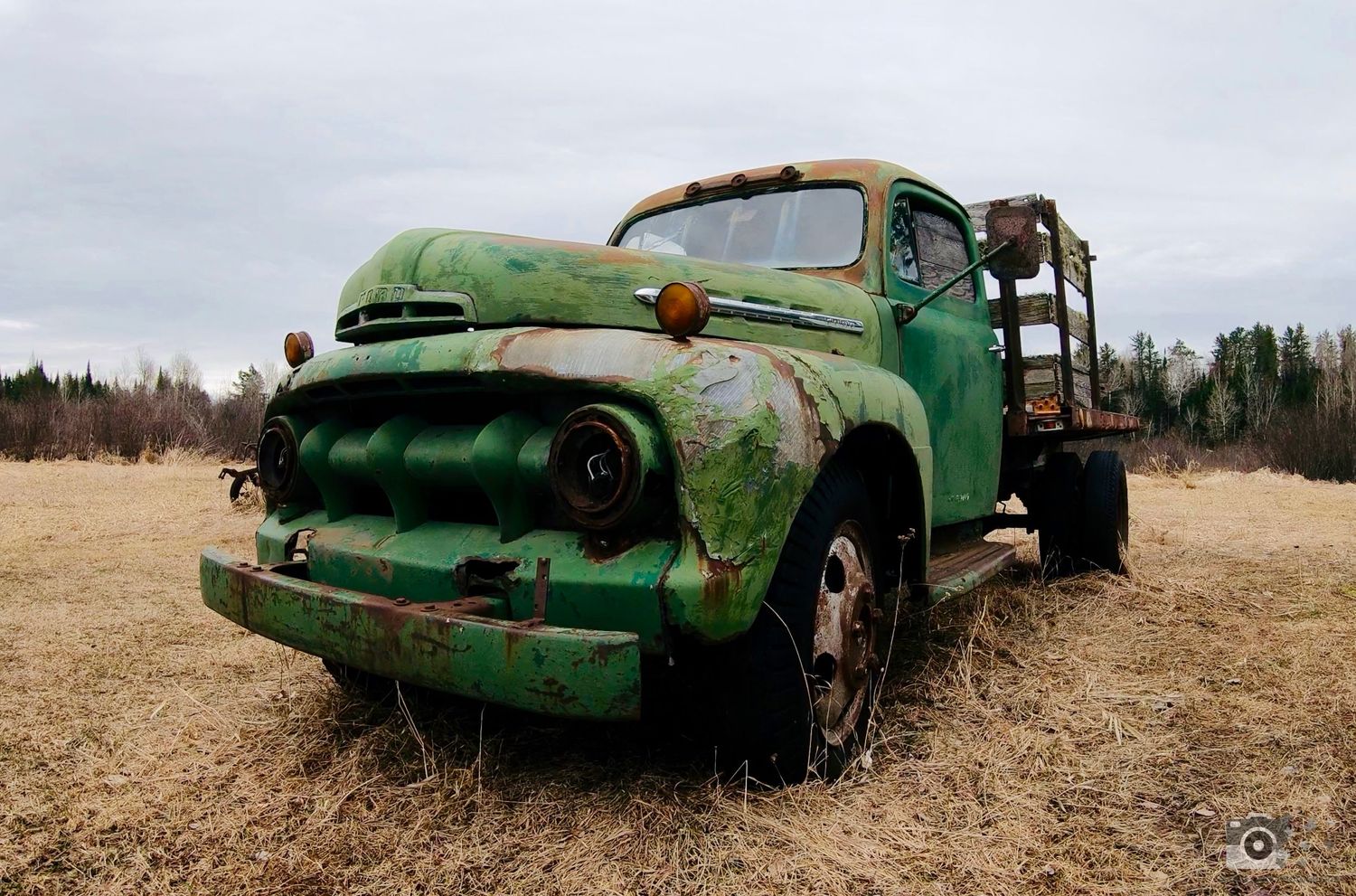 An old rusty green Ford truck in a field.