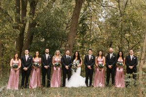 Wedding party lined up outdoors wearing pink dresses and black suits among trees.