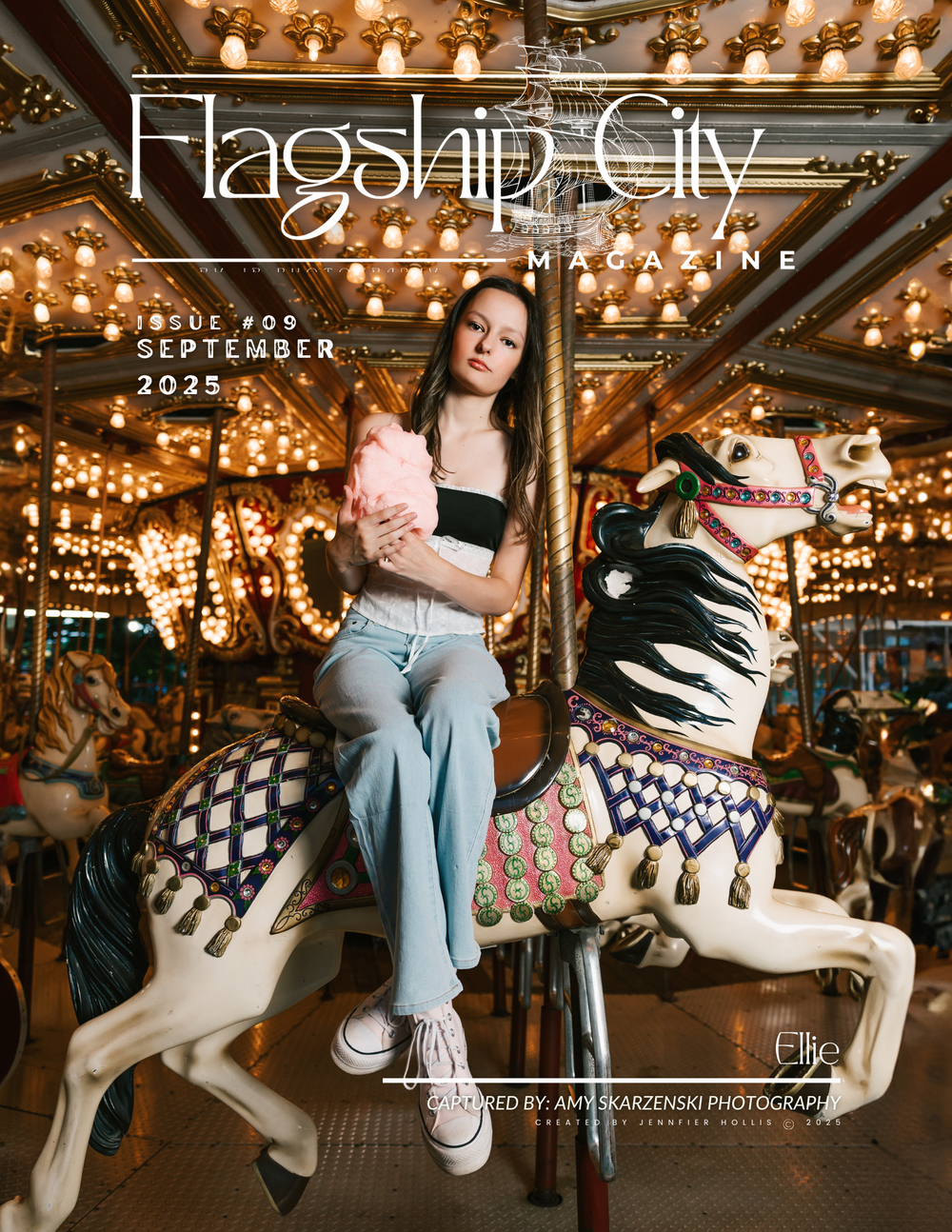 Magazine cover featuring carousel horse with ornate lighting at Flagship City.