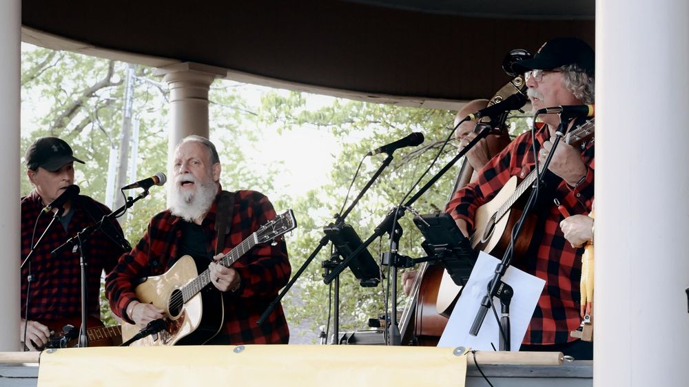 Live bluegrass band with bearded musicians in plaid shirts performing on outdoor stage with microphones.