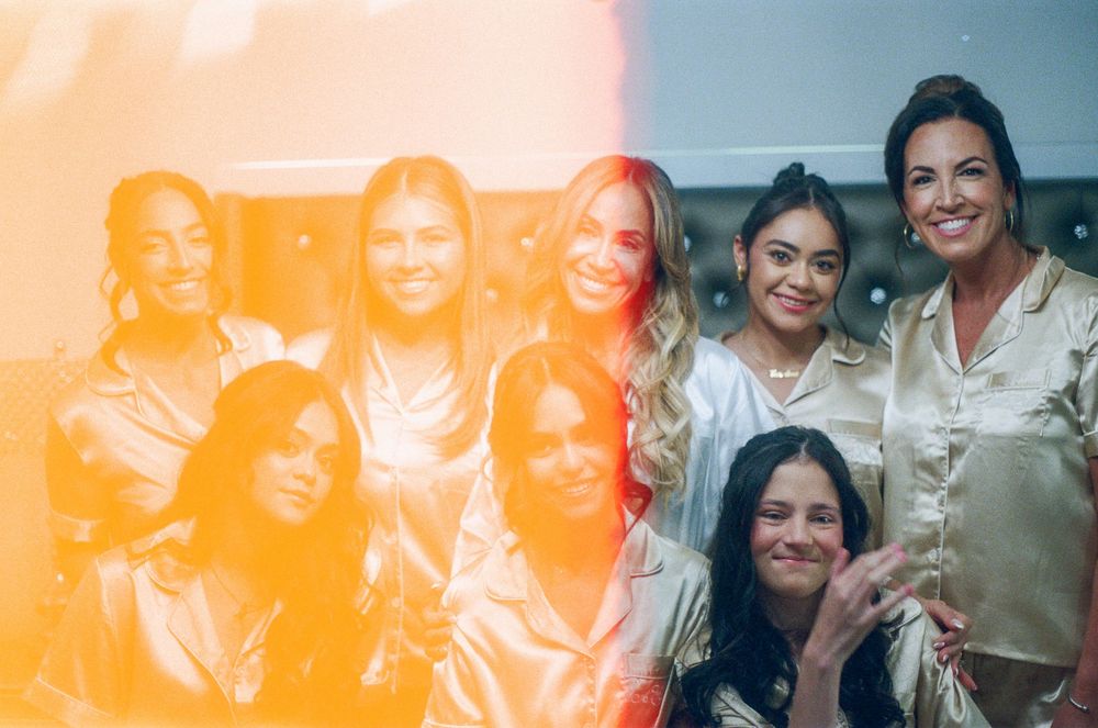 Group photo showing women smiling together in casual attire with warm lighting effect overlaid on half the image.
