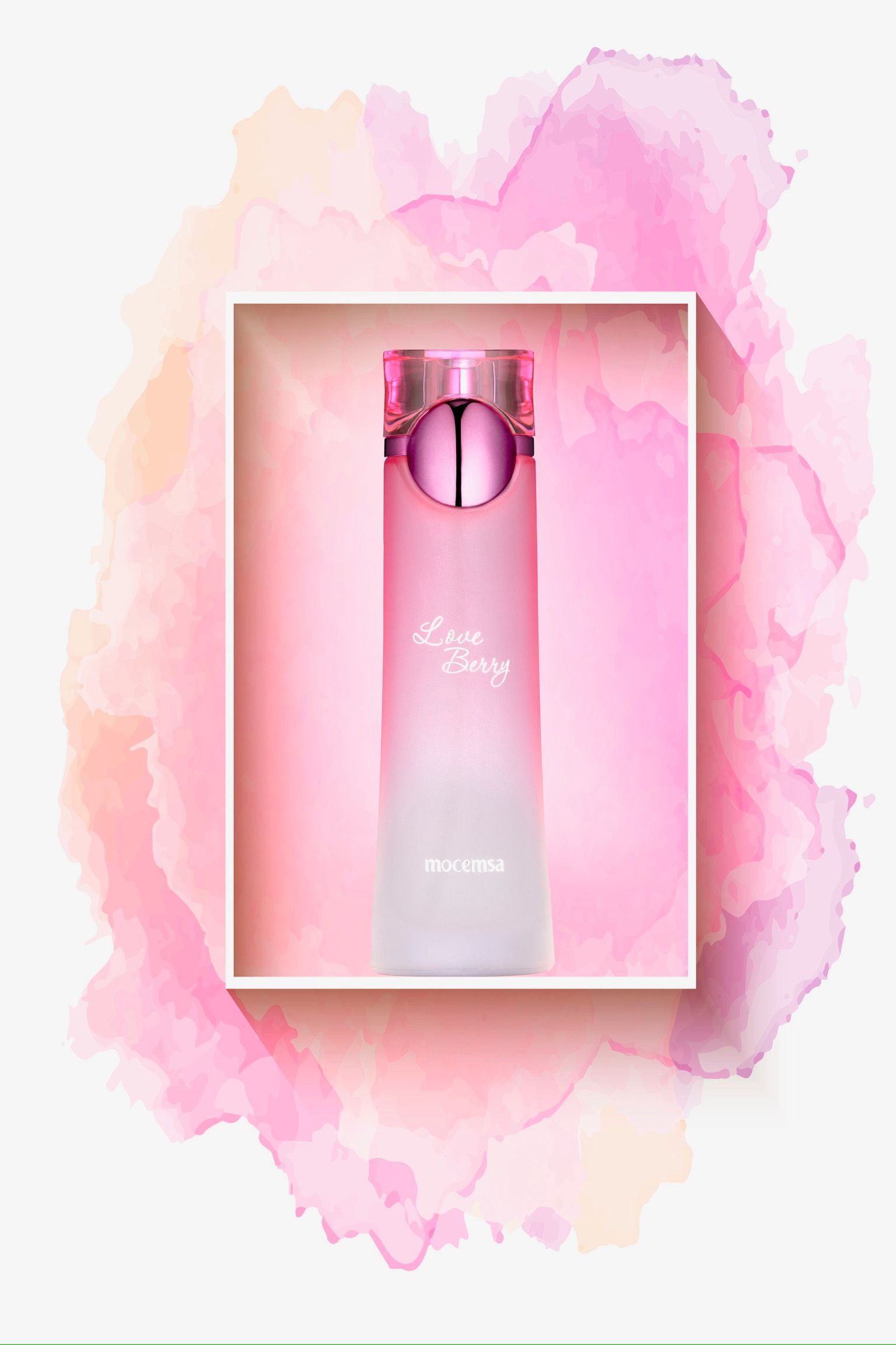 Pink gradient perfume bottle labeled Love Story displayed against a soft watercolor pink background.