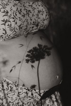 Black and white artistic shot showing floral shadows cast across a pregnant belly.