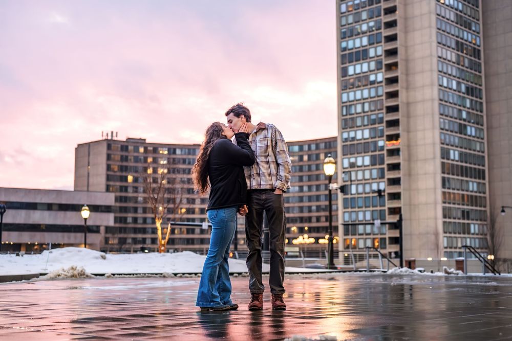 Urban scene with high-rise buildings at sunset showing progressive moments.