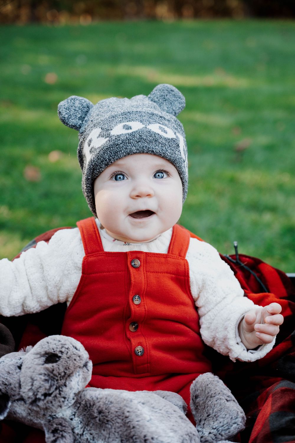 Baby wearing a bear hat and red overalls sits on a plush blanket outside on green grass.