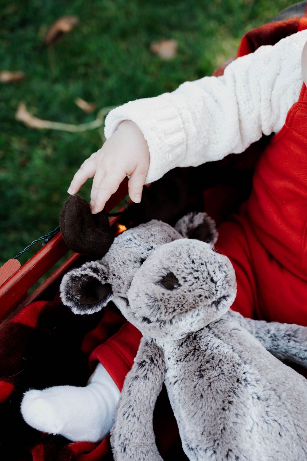 A bandaged hand rests next to a soft gray plush stuffed animal toy in a red seat.