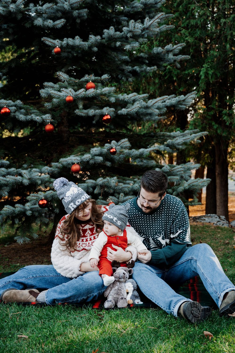 A cozy family holiday scene with festive sweaters sitting by a decorated blue spruce tree with red ornaments.