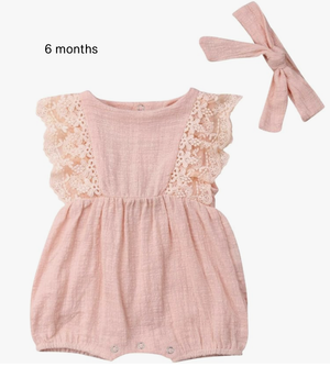 Delicate pink baby romper with lace flutter sleeves and matching bow headband shown in multiple views.