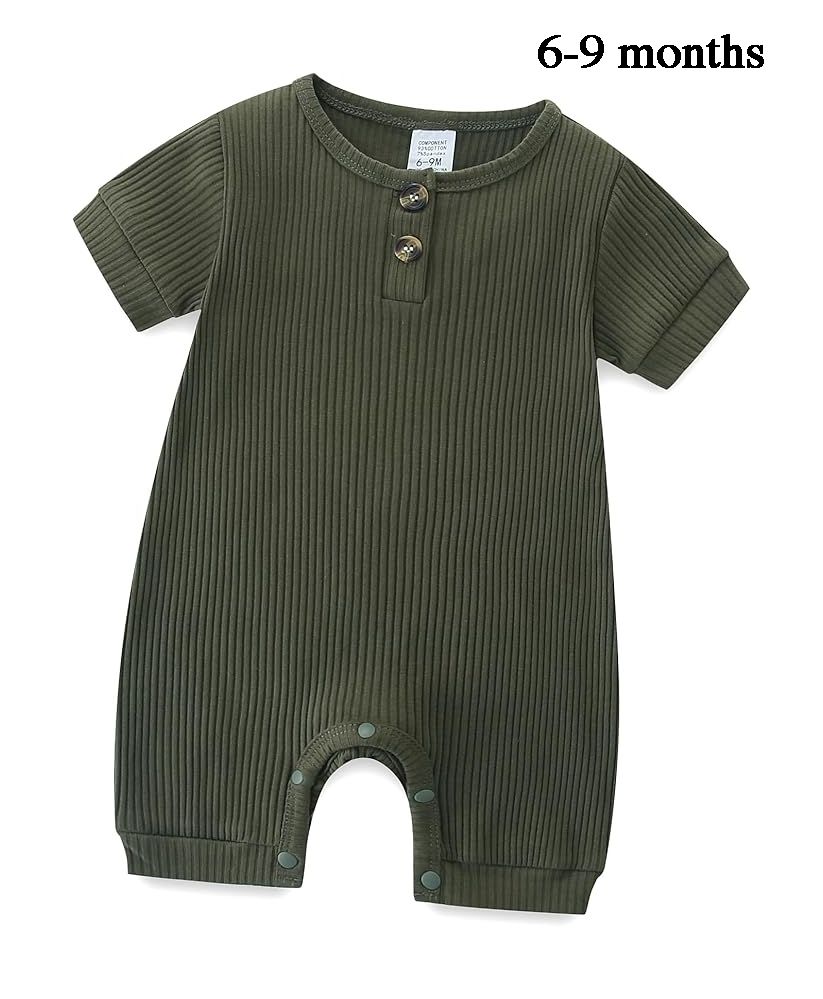 Olive green ribbed short-sleeve baby romper with button detail, sized 6-9 months.