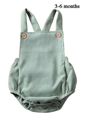 Sage green corduroy baby romper with suspenders and wooden buttons, sized 3-6 months.