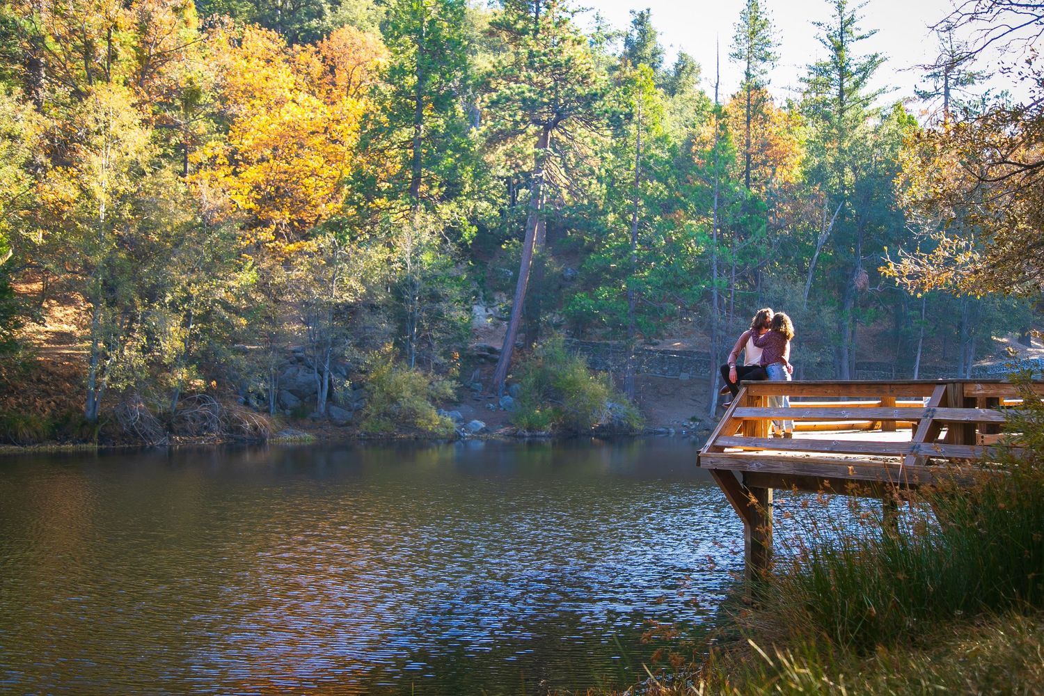 Two people leaning against a tree by a serene lake, enjoying a sunny outdoor moment in casual attire.